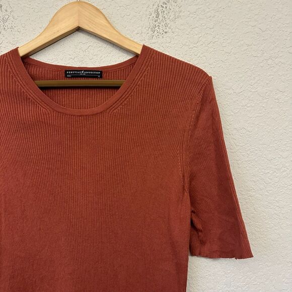 PERUVIAN CONNECTION Brown Knit Short Sleeve Top Round Neck - Picture 2 of 7